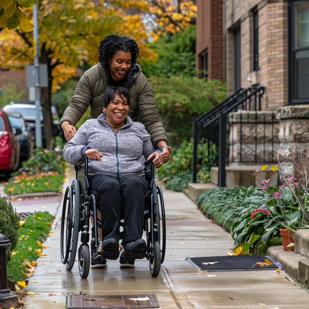 A woman pushing her mother in a wheelchair down a sidewalk in a residential neighborhood with both of them smiling 